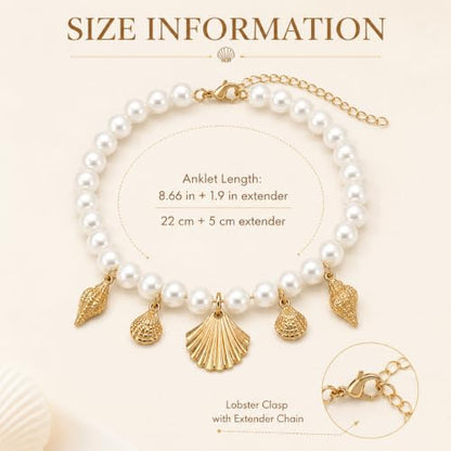 Artmiss Pearl Anklet for Women,Beach Shell Foot Jewelry Gift Box | Pearl-style bead anklet with gold shell charms,adjustable extender and gift box,perfect for beach,vacation and summer outfits