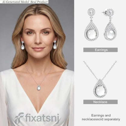 Women Trendy Faux Crystal Pendant Necklace 18K Gold/Silver Plated | CZ Halo Teardrop Drop Pendant Necklace Lightweight Fashion Jewelry Set Stackable For Wedding Daily Wear - color: White