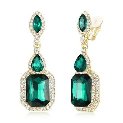 Women's Wedding Bridal Crystal Emerald Cut Infinity Figure 8 Chandelier Clip-On Dangle Earrings - color: Emerald Color Gold-Tone