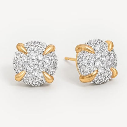 MEVECCO Pave Cubic Zirconia Stud Earrings for Women, 18K Gold Plated Brass | Pave CZ Fronts, Curved Gold Plated Edge Accents, Soft Motifs and Clean Geometric Styles - style: round