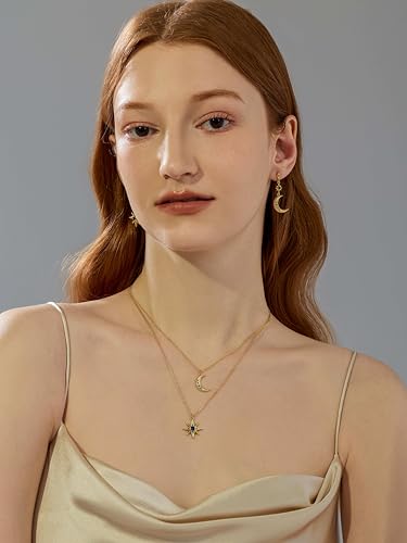 Celestial Star Moon Pendant Necklaces for Women Trendy, 14K Gold Plated Dainty Charm Necklaces with Green Blue Zircon, Gold Pendant Necklace for Wedding & Everyday Wear - style: Moon & Star Layered Necklace