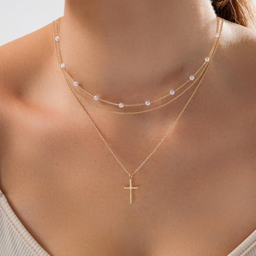 Airmb Cross Necklace for Women Gold/Silver Plated Layered Dainty Cross Chain Trendy Choker Satellite Charm Small Crucifix Pendant Gold/Silver Necklace Stackable Hypoallergenic Delicate Gift for Women - color: Gold-3PCS Cross
