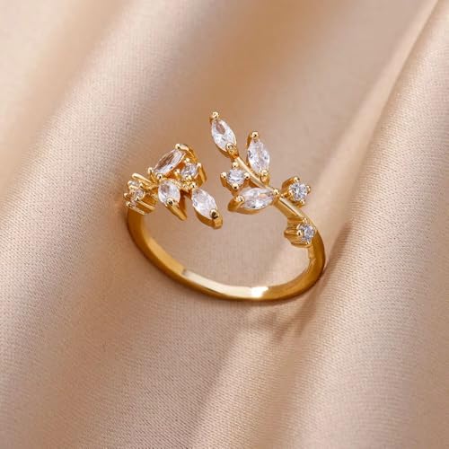 Gold Rings Non Tarnish Silver Adjustable Rings for Women Cubic Zirconia Leaf Ring Dainty Silver Stackable Ring for Women - style: gold