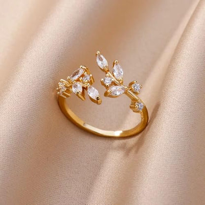 Gold Rings Non Tarnish Silver Adjustable Rings for Women Cubic Zirconia Leaf Ring Dainty Silver Stackable Ring for Women - style: gold