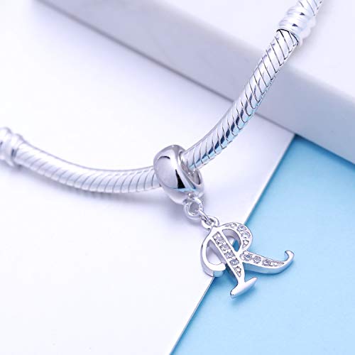 925 Sterling Silver Letter Charms Fits Pandora Bracelets, Gift for Women | A-Z Alphabet Initial Charm with CZ,Great gift for Christmas, Valentine's Day, Mother's Day. - color: R