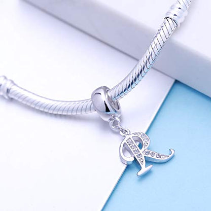 925 Sterling Silver Letter Charms Fits Pandora Bracelets, Gift for Women | A-Z Alphabet Initial Charm with CZ,Great gift for Christmas, Valentine's Day, Mother's Day. - color: R