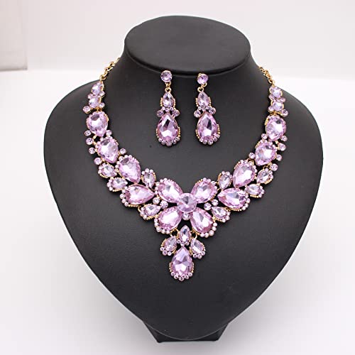 Women's Wedding Bridal Austrian Crystal Glass Teardrop Statement Necklace Dangle Earrings Bracelet Ring Wedding Party Jewelry Set for Bridal Bridesmaid - color: Violet-Gold Plated