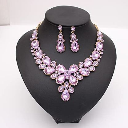 Women's Wedding Bridal Austrian Crystal Glass Teardrop Statement Necklace Dangle Earrings Bracelet Ring Wedding Party Jewelry Set for Bridal Bridesmaid - color: Violet-Gold Plated