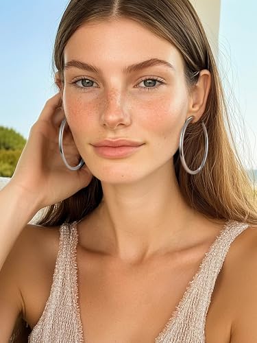 PROSTEEL Chunky Hoop Earrings for Women 14K Gold Plated/Black/Silver | 20/30/40/50/60/70/80mm Stainless Steel Thick Big Round Hoop with Waterproof and Non Tarnish Trendy Jewelry with Gift Box - color: 1. Silver, size: 80MM