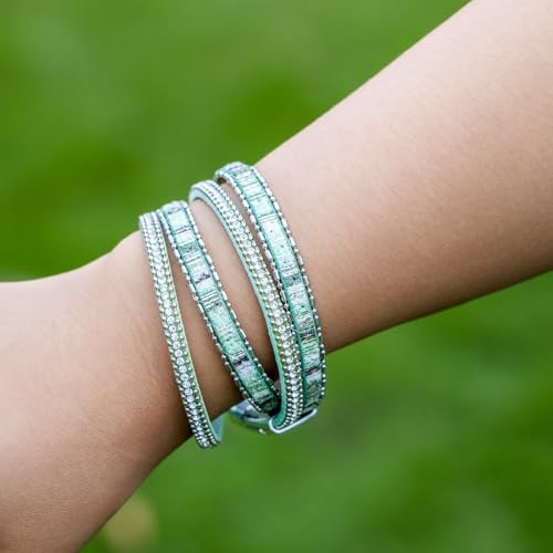 Boho Double Wrap Leather Bracelets Stackable Layered Western Hippie Jewelry | Colorful Stacked Bohemian Statement Chunky Magnetic Clasp Cuff Bangles Cowgirl Country Summer Beach Outfits for Women Trendy - color: Green