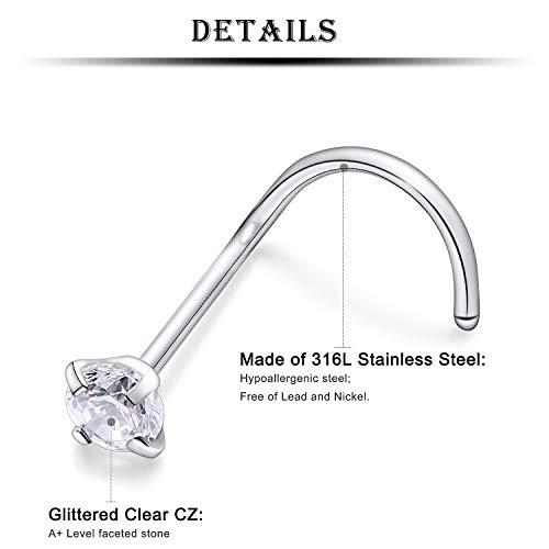 18G 20G 22G Nose Rings Studs 316L Surgical Steel Straight Screw L Shaped Nose Studs for Women Men CZ Opal Size 1.5mm 2mm 2.5mm 3mm - color: 18G-Screw-Opal/CZ 2.5mm