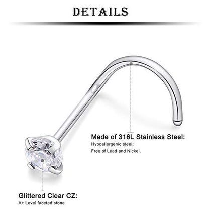18G 20G 22G Nose Rings Studs 316L Surgical Steel Straight Screw L Shaped Nose Studs for Women Men CZ Opal Size 1.5mm 2mm 2.5mm 3mm - color: 20G-Screw-Opal/CZ 2.5mm
