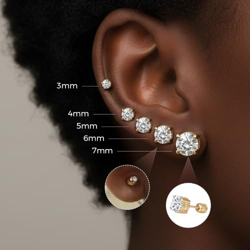 5 Pairs Screw Back Stud Earrings Set, Cubic Zirconia Stud Earring for Women Men Hypoallergenic 316L Surgical Stainless Steel Round Cut CZ 3-7mm - color: Yellow Gold Plated