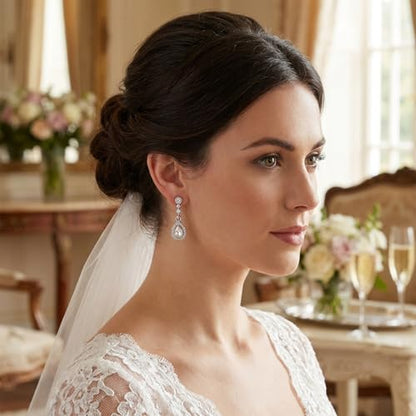 Silver Diamond Dangle Earrings for Women with Teardrop Crystal Rhinestone Drop Dangling Wedding Earring