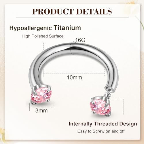 ONESING 9-40 Pcs Nose Rings - Hoops, Studs & L Shape - Hypoallergenic Stainless Steel Nose Piercings for Women & Men - color: 2pcs-16G Pink CZ