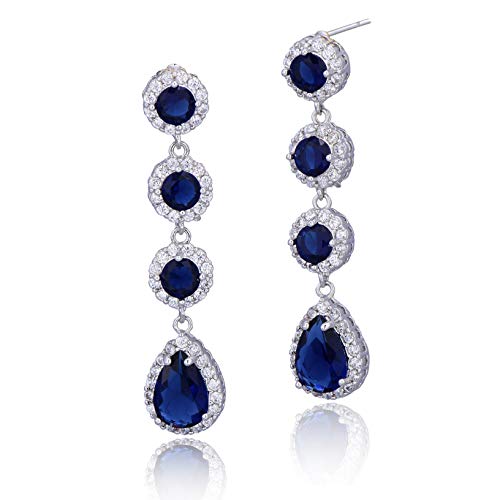 Women's Cubic Zirconia Bridal Earrings - Elegant Long Wedding Party Prom Earring for Bride Bridesmaids Crystal CZ Rhinestone Chandelier Statement Dangle Drop Earrings for girls - color: Blue-silver