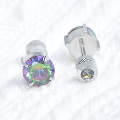 Titanium Flat Back Surgical Stainless Steel Stud Earrings for Women Men,Birthstone Stud Earrings Hypoallergenic Double Side 5A Cubic Zirconia Studs Jewelry 6mm - color: Silvery-Rainbow Cz