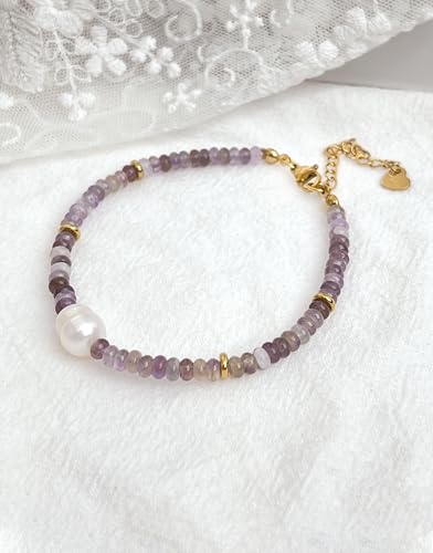Gemstone Beaded Bracelets with Freshwater Pearl | Crystal Beaded Bracelet Boho Natural Stone Trendy Jewelry Gifts - color: Purple