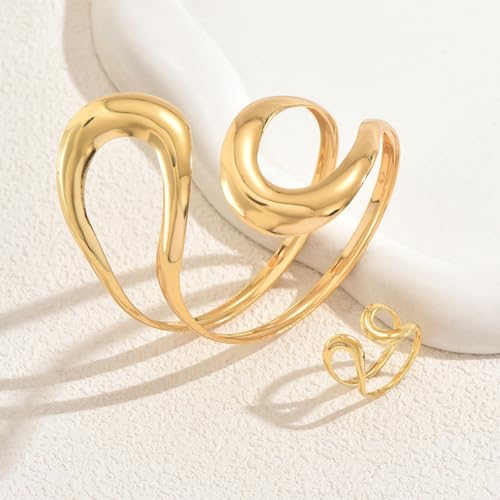 Todenb Gold Bracelets for Women Trendy Chunky Bracelets Gold Big Bracelet Ring Set Fashion Cuff Bracelet A-Gold