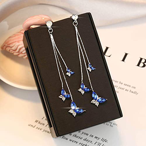 Temperament Crystal Butterfly Drop Dangle Earrings for Women Long Tassel Butterfly Stud Earrings - color: Bule