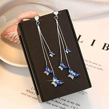 Temperament Crystal Butterfly Drop Dangle Earrings for Women Long Tassel Butterfly Stud Earrings - color: Bule