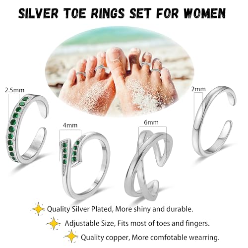 LOFITOR 4PCS Gold Toe Rings for Women Non Tarnish Waterproof Toe Ring Set | 14K Gold Filled Dainty Stackable Cute Thin Adjustable Open Band Toe Ring Cz Foot Jewelry For Beach Summer Hawaiian - style: Elegant Green Silver