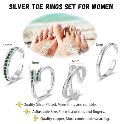 LOFITOR 4PCS Gold Toe Rings for Women Non Tarnish Waterproof Toe Ring Set | 14K Gold Filled Dainty Stackable Cute Thin Adjustable Open Band Toe Ring Cz Foot Jewelry For Beach Summer Hawaiian - style: Elegant Green Silver