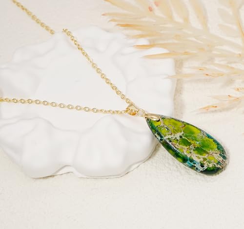 Stone Necklaces for Women Teardrop Gemstone Pendant Necklace Natural Stone Chain Necklaces - color: Green Gold