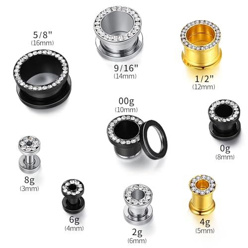 WBRWP 2pcs Hollow Gold Stainless Steel with Zircon Ear Plugs Tunnels - Ear Expander - Ear Gauges Stretcher Body Piercing Jewelry 8g-5/8 - color: Silver with Colorful CZ