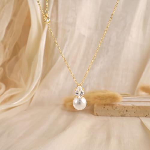 Pearl Necklaces for Women Trendy,14k Gold Plated Pearl Pendant Necklace Dainty Wedding Necklace Small Cute Gold Choker Necklace for Women Non Tarnish Gold Prom Jewelry Fashion Bridesmaids Gifts - color: GD-Teardrop pearl necklace