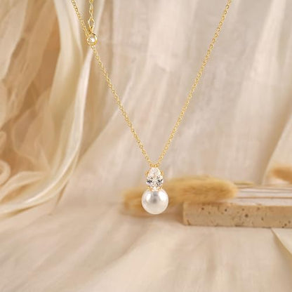 Pearl Necklaces for Women Trendy,14k Gold Plated Pearl Pendant Necklace Dainty Wedding Necklace Small Cute Gold Choker Necklace for Women Non Tarnish Gold Prom Jewelry Fashion Bridesmaids Gifts - color: GD-Teardrop pearl necklace