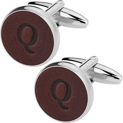 Silver Rose Gold Cuff Links Men, Leather Stainless Steel Cufflinks for Men Initial Letter Personalized Cuff Links with Gift Box for Groom Husband Father - style: Letter Q