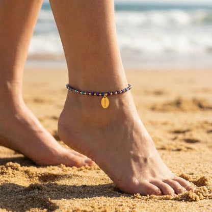 Womens Hematite Anklet, Handmade Foot Chain, Elastic Beach Chakra Jewelry - color: Ank-4
