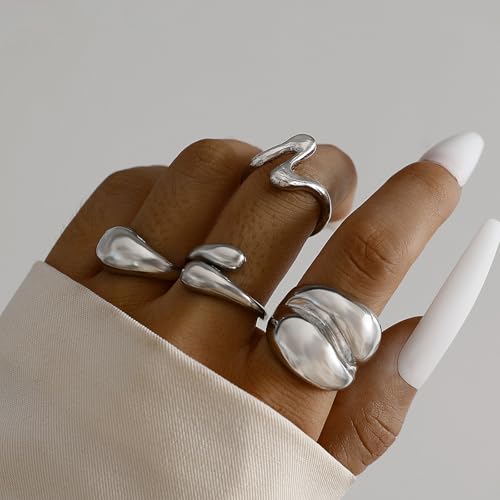 Roe Dolph Chunky Gold Rings for Women Stackable Statement Ring Set | Mixed sculptural shapes and polished surfaces create bold stacking combinations for parties dinners and everyday outfits - color: A5