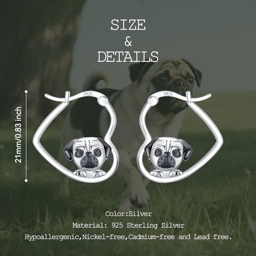 LES OSEWA Dog Animal Earrings Sterling Silver Animal Heart Hoop Dangle Earrings Cute Jewelry Gifts for Women - color: Pug