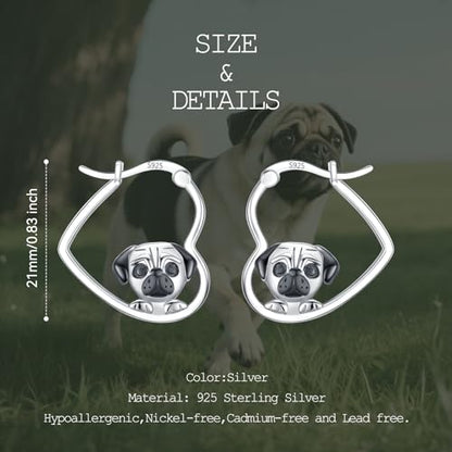 LES OSEWA Dog Animal Earrings Sterling Silver Animal Heart Hoop Dangle Earrings Cute Jewelry Gifts for Women - color: Pug