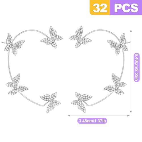 Rhinestone Butterfly Ear Cuffs for Women (1 Pair) Non-Pierced Elf Ear Wrap Clip-On Crawler Earrings for Weddings Special Occasions