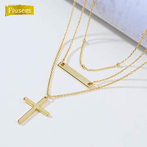 Fiusem Gold Plated Layered Necklaces for Women, Dainty 14K Gold Plated Pendant Necklace and Choker Necklaces for Women - style: B-Layered Cross