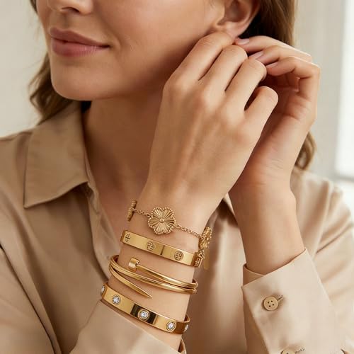 Stackable Gold Bracelets for Women - 4 Sets, 18K Gold Plated Bracelets, Stainless Steel Bangle Bracelets Non-Tarnish, Stylish Gold Jewelry Ensemble, Valentine's Day, Birthday and Christmas Jewelry Gifts - color: A3-(Gold 4Sets)