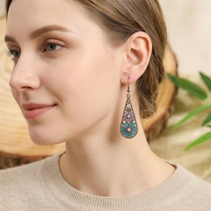 Bohemian Crystal Teardrop Dangle Earrings, Copper, Tribal Geometric Design, Handmade National Style for Women - color: Blue