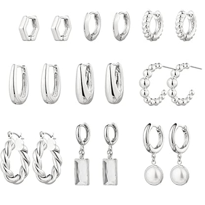 9 Pairs Gold Chunky Hoop Earrings Set for Women, 14K Gold Plated Twisted Huggie Hoop Earring Hypoallergenic, Lightweight Thick Open Hoops Earrings Jewelry Gifts. - color: A-9 Silver Hoop Earrings