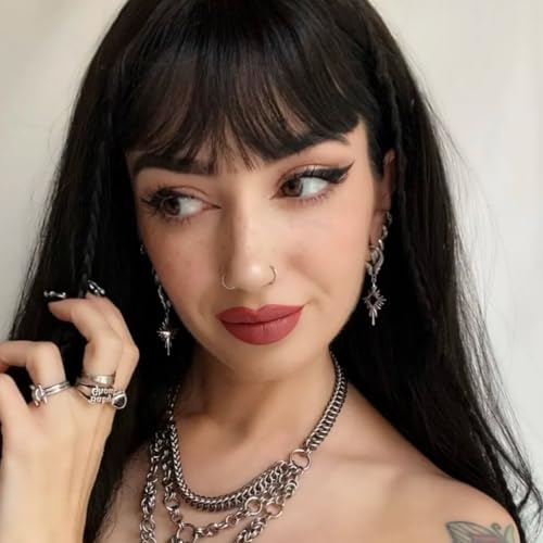 PUNKYOUTH Gothic Crest Dangle Drop Hoop Earrings Dark Alternative Piercing Jewelry 18G 1mm Antique Finish Ornate Scroll Cubic Zirconia Spike Statement Everyday Wear Accessories For Women Men - color: Winged Heartburst Earring-Silver
