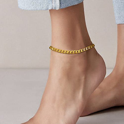 Adjustbale Link Chain Anklet for Women Summer Jewelry, 316L Stainless Steel Figaro/Wheat/Twist Rope/Cuban Foot Bracelet-Waterproof, Resizable 9"-12" (Gift Box Included) - color: 2, Cuban - Gold