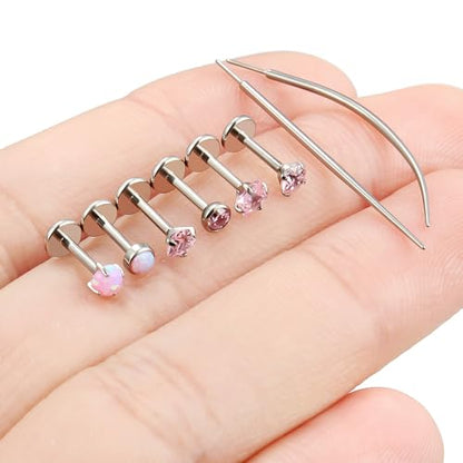 F136 Titanium 20/18/16g Internally Threaded Medusa Monroe Lip Ashley Labret Nose Rings Flat Back Tragus Helix Cartilage Conch Screw Stud Earrings Surgical Steel Piercing Jewelry for Women - color: Pink CZ, size: 18g*1/4in