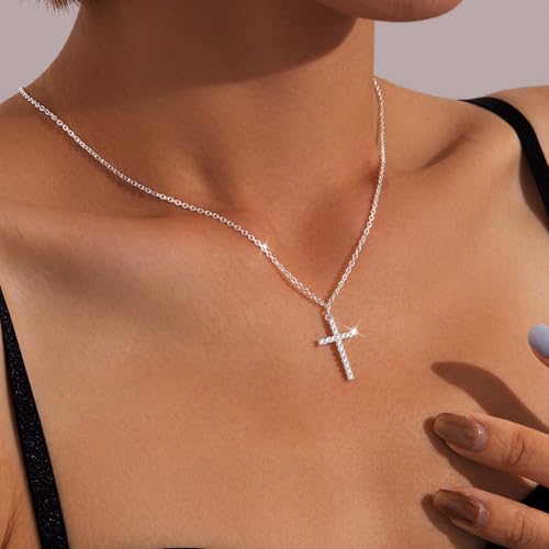 Poxtex Cross Necklace for Women Teen Girls, Dainty 14K Gold Silver Plated Cross Choker Jewelry Non Tarnish Waterproof Cute Simple Small Necklace Christian Baptism Religious Faith Jewelry Gifts - color: 04 Simple Cross CZ