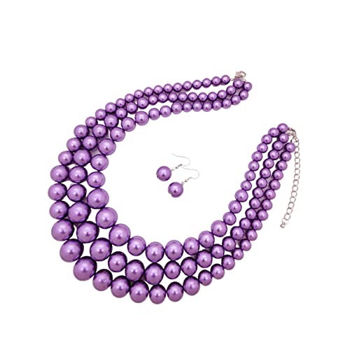 Simulated Pearl Necklace & Earring Set, Multi Strand - color: Lavender