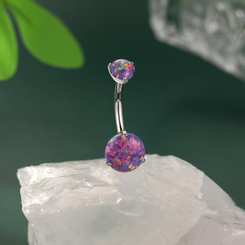 FUNLMO 14G Belly Button Ring Titanium Belly Button Piercing Belly Ring Internally Threaded Navel Piercing Jewelry - color: Silver-Purple Opal