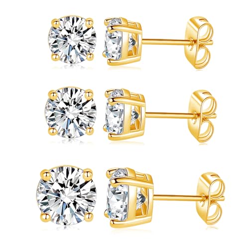 18K White/Yellow Gold Plated Stud Earrings for Men Women 4 Prong Graduated Round Clear Cubic Zirconia Hypoallergenic Earrings Set 3-8MM - color: Yellow Gold Plated, size: Pack-3/4/5MM