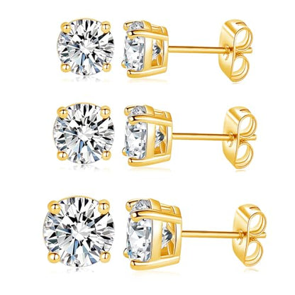 18K White/Yellow Gold Plated Stud Earrings for Men Women 4 Prong Graduated Round Clear Cubic Zirconia Hypoallergenic Earrings Set 3-8MM - color: Yellow Gold Plated, size: Pack-3/4/5MM