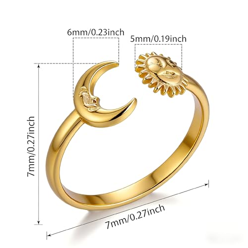 Sun and Moon Rings Stainless Steel Crescent Sun Rings for Women Gold Open Ring Middle Index Finger Jewelry Gift - color: A-Gold Sun&Moon